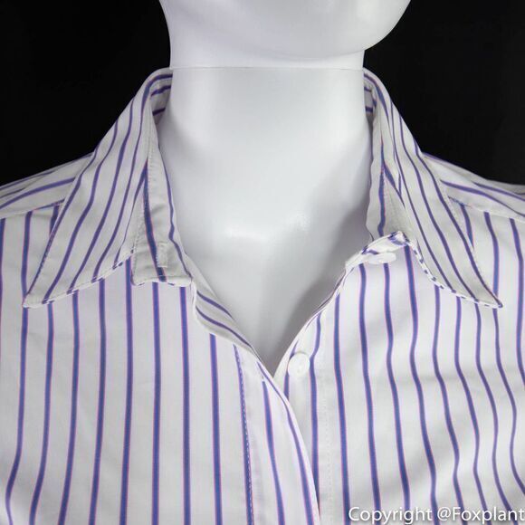 NWOT Petersyn smocked puff short sleeve button front top,‎ white with stripes - Picture 3 of 15